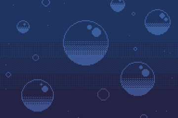 Poster - Dark Blue Gradient Background with Flowing Bubbles, Pixel Art Style Artwork