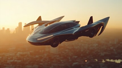 Wall Mural - a futuristic flying car concept with foldable wings, designed to switch between ground and air trave