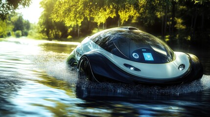 Poster - A futuristic self-driving water-powered car with a panoramic view, touch-free controls, and an AI-driven water fuel monitoring system, merging technology and eco-friendly design
