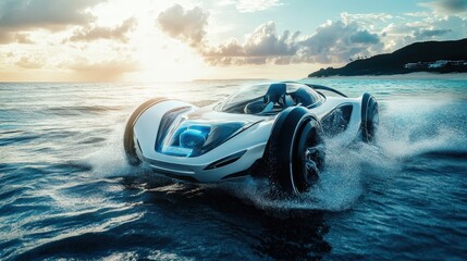 Poster - A futuristic self-driving water-powered car with a panoramic view, touch-free controls, and an AI-driven water fuel monitoring system, merging technology and eco-friendly design