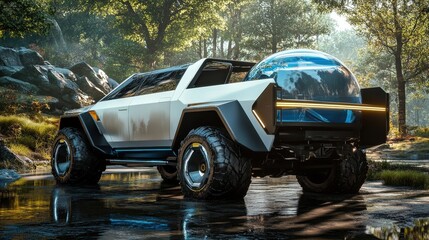 Aufkleber - A futuristic water-powered pickup truck with a clear water tank in the back and advanced suspension, built for eco-friendly cargo transport with a touch of rugged charm