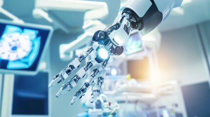 Aufkleber - A humanoid robot performing surgery in a high-tech operating room, sterile and brightly lit environment with advanced medical equipment, Medical Robotics style