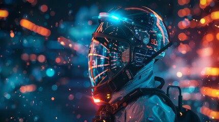 Poster - Astronaut wearing a futuristic helmet with a heads up display - hud - explores a vibrant, digital metaverse environment, suggesting advancements in virtual reality and space exploration technology