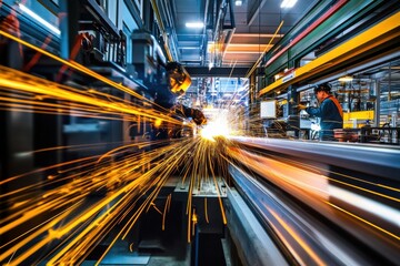 Aufkleber - In a large industrial workshop, workers are busy welding, creating vibrant sparks that illuminate the space with energy. Generative AI