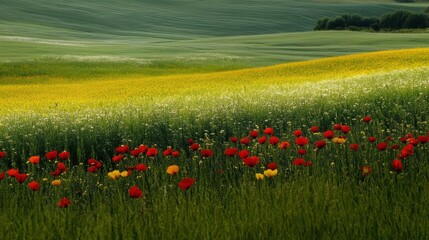Poster - A variety of colorful flowers spread across a lush green meadow, showcasing the beauty of nature in full bloom under the sun. Generative AI