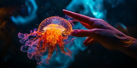 Wall Mural - hand touching jellyfish underwater. ocean wildlife concept.