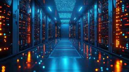 Poster - Futuristic Server Room Data Center Corridor with Bright Neon Lights