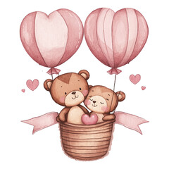 Sticker - Cute bear couple in a hot air balloon with heart-shaped balloons, a digital illustration with a Valentine's Day theme, isolated on a white background.