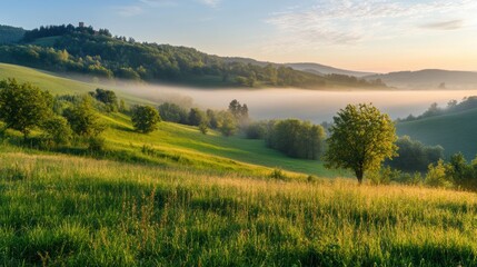 Poster - Gentle sunlight breaks through morning mist, illuminating green fields and trees in a tranquil countryside setting. Generative AI