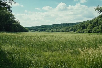 Fototapete - Explore the expansive green meadow where tall grasses and soybeans thrive under a bright sky, creating a peaceful rural atmosphere. Generative AI