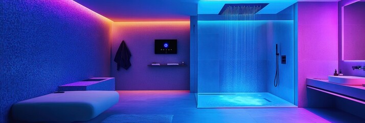 Aufkleber - A luxurious bathroom features a cutting-edge smart shower system and touch panel for easy temperature management and comfort. Generative AI