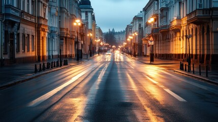 Poster - A quiet city street glows as blurred car lights pass by, illuminating the wet pavement on a cool evening, creating a serene atmosphere. Generative AI