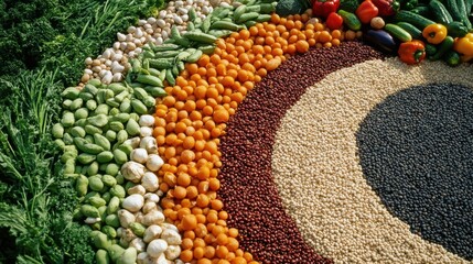 Aufkleber - A colorful arrangement showcases fresh vegetables, grains, and legumes in an artistic circle, emphasizing seasonal produce at the market. Generative AI