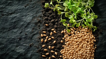 Aufkleber - Seeds lay scattered beside fresh sprouts on rich soil, symbolizing the start of new plant life and the cycle of growth in nature. Generative AI