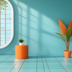 Wall Mural - Clean minimalist 3D interior scene featuring an azure blue screen backdrop vacant tile flooring plain walls and a central product pedestal bathed in natural sunlight streaming through a window