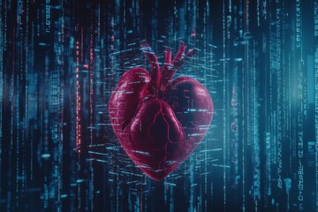 Aufkleber - A human heart is encased in a vibrant display of digital code, symbolizing the intersection of biology and technology. Generative AI
