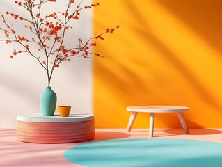 Fototapete - 3D studio scene featuring a pastel pink backdrop minimalist floor and wall design and a product display podium with natural lighting and gentle sunbeams creating a modern elegant