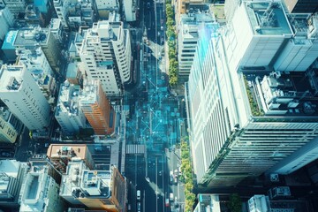 Leinwandbilder - Advanced network technology connects buildings in a futuristic urban environment, showcasing modern architecture and smart city planning. Generative AI