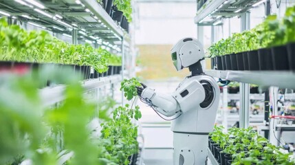 Poster - A robot tending to plants in a vertical hydroponic farm, modern and efficient setting with stacked plants and irrigation systems, Agricultural Robotics style