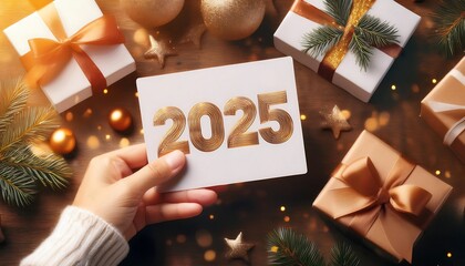 Wall Mural - Hand holding a festive card with the number 2025 among holiday decorations and gifts on a wooden surface. Generative AI