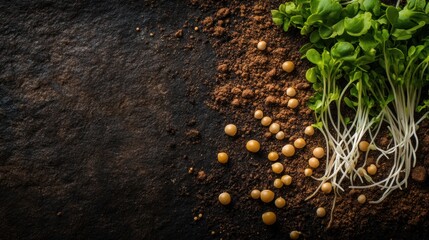Poster - Sprouts and seeds are scattered on dark soil, showcasing the beginning stages of plant growth and nature's lifecycle unfolding. Generative AI