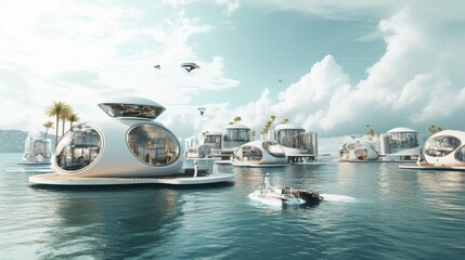 Poster - A robotic architect designing floating cities for sustainable living on the open ocean, architectural and marine setting with futuristic floating structures and ocean views