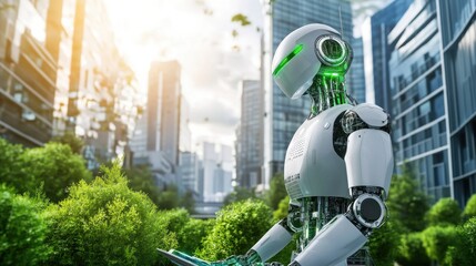 Poster - A robotic architect designing sustainable skyscrapers in a bustling megacity, architectural and urban setting with skyscraper blueprints and city skyline backdrop