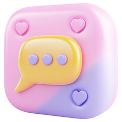 Poster - 3D A pink and purple heart shaped chat box with a yellow speech bubble isolated on transparent or white background, png