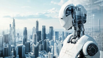 Poster - A robotic architect designing sustainable skyscrapers in a green city of the future, eco-friendly and architectural setting with green buildings and renewable energy systems
