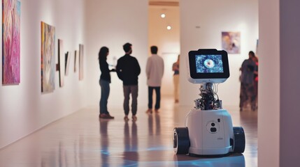 Poster - A robotic artist creating interactive digital installations in a contemporary art gallery, artistic and interactive setting with digital art installations and gallery visitors