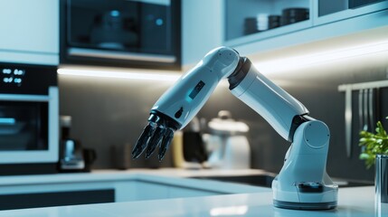 Poster - A robotic assistant helping in a smart kitchen, modern and sleek kitchen setting with advanced appliances, Culinary Robotics style