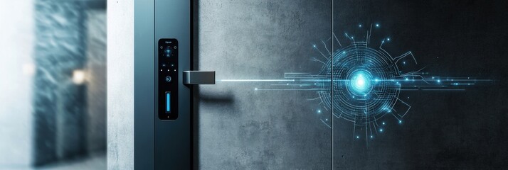 Poster - This entrance showcases innovative security technology, including a fingerprint scanner and motion sensors for ultimate protection. Generative AI