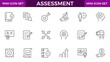 © MDUZIR - Assessment icons set. Stroke thin line vector illustration with goals, results, process, quality, evaluation, planning, analysis, auditing, financial report, measuring, expertise