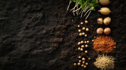 Poster - A variety of seeds and fresh sprouts are laid out on rich dark soil, emphasizing the potential for growth and nourishment in gardening. Generative AI