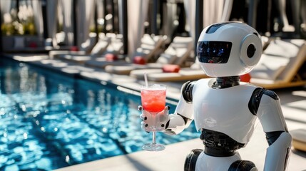 Poster - A robotic butler serving drinks at a luxury poolside, upscale and relaxing environment with pool and lounge chairs, Hospitality Robotics style