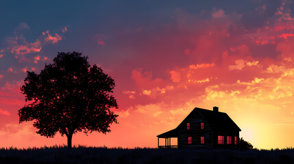 Wall Mural - A rustic farmhouse silhouetted against a vibrant sunset sky, creating a serene scene perfect for agritourism. generative ai. Rustic Farmhouse Scene. Illustration