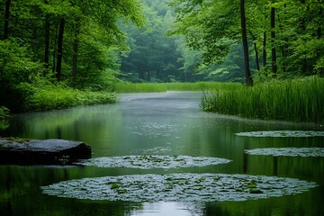 Poster - Serene Forest Lake with Lush Green Trees and Calm Reflective Waters in Tranquil Natural Setting : Generative AI