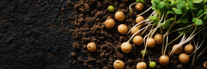 Poster - Sprouts emerge from soil as seeds lay scattered nearby, showcasing the beginnings of life in a nurturing environment. Generative AI