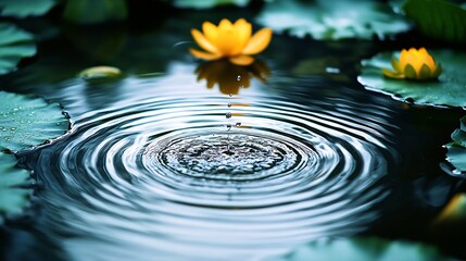 Poster - Serene Ripples in Water with Yellow Lotus Flower for Tranquil Nature Background : Generative AI