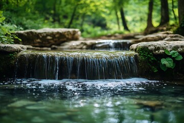Poster - Small Cascading Waterfall in Forest Stream Surrounded by Lush Greenery : Generative AI