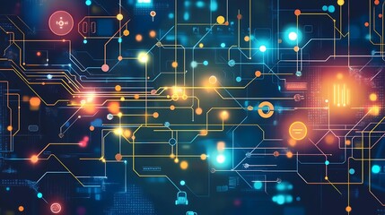 Aufkleber - Vibrant Digital Circuit with Glowing Connections and Abstract Patterns : Generative AI