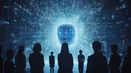 Aufkleber - A diverse group stands captivated in front of an abstract AI visualization, engaged in a tech discussion at a conference. Generative AI