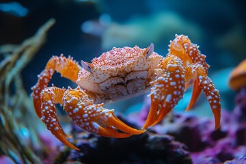 Poster - Close-up of a Vibrant Orange Crab in a Colorful Ocean Habitat : Generative AI