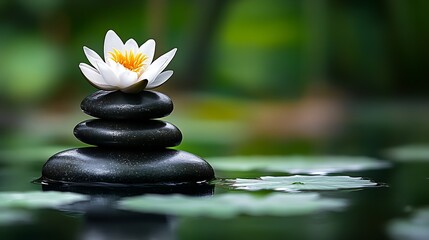 Aufkleber - Calming spa atmosphere with water lily on stones surrounded by serene aquatic foliage : Generative AI