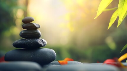 Aufkleber - Balanced Zen Stones In Nature With Soft Sunlight Spiritual Harmony For Peaceful Meditation : Generative AI