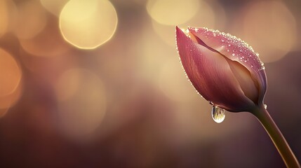 Poster - Macro Shot of Dew-Kissed Tulip with Moody Bokeh and Elegant Lighting at Dawn : Generative AI