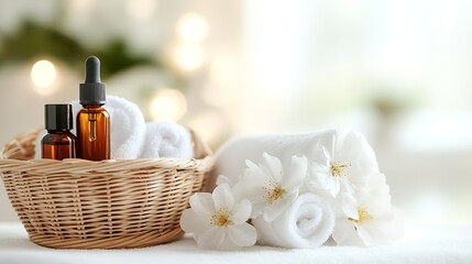 Poster - Cozy Spa Setting with Aromatherapy Oils and White Towels in Wicker Basket : Generative AI