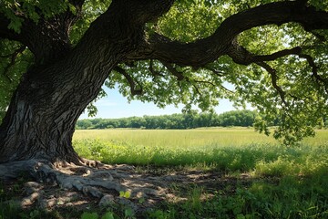 Poster - Majestic Oak Tree Overlooking a Vast Field with Greenery and Blue Skies : Generative AI