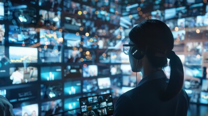 Aufkleber - professional software developer wearing smart glasses and headphones is analyzing big data on multip
