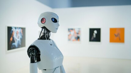 Poster - a robotic curator managing a futuristic art exhibition in a high-tech museum, avant-garde and sophis